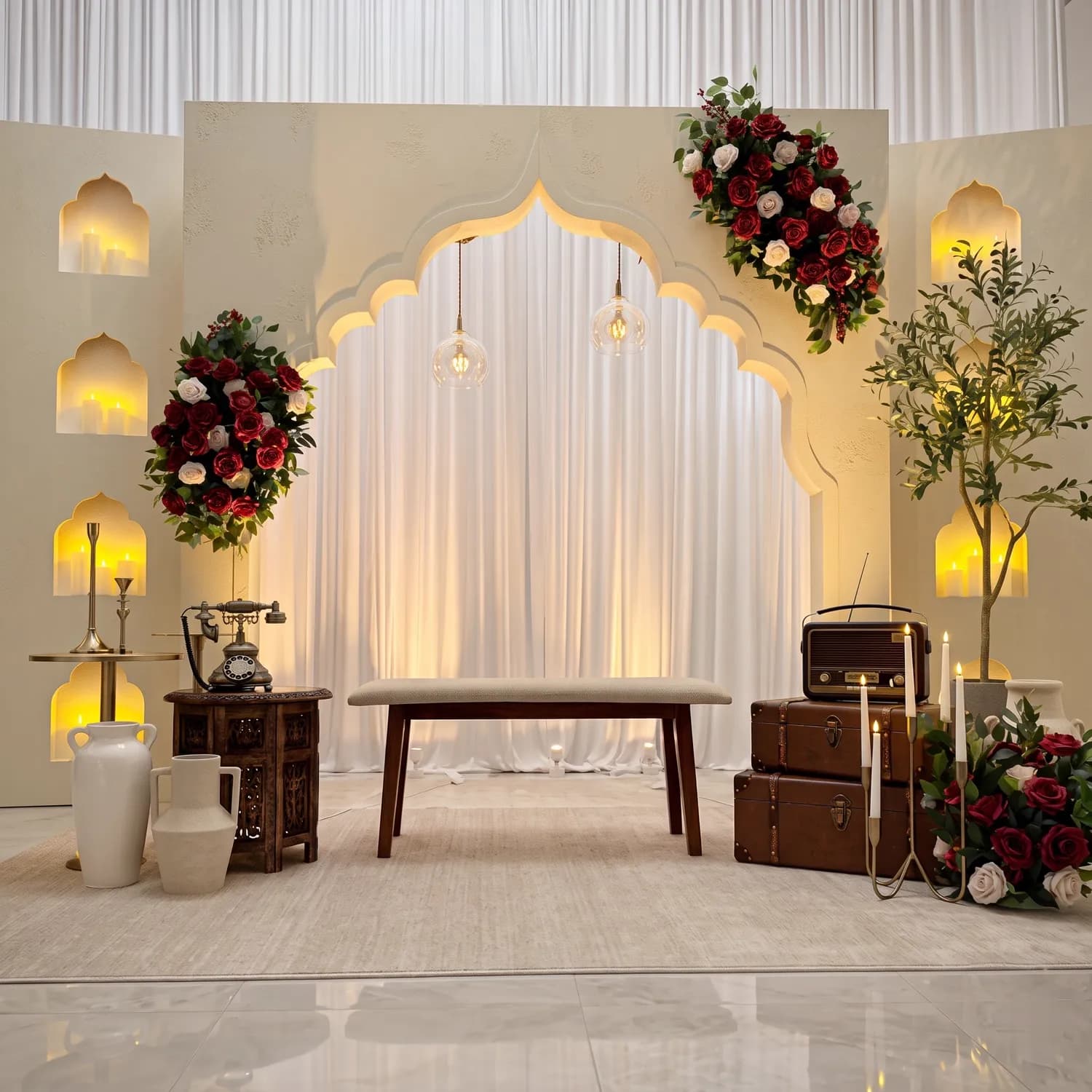 Cream arched backdrop with glowing niches, hanging lights and roses
