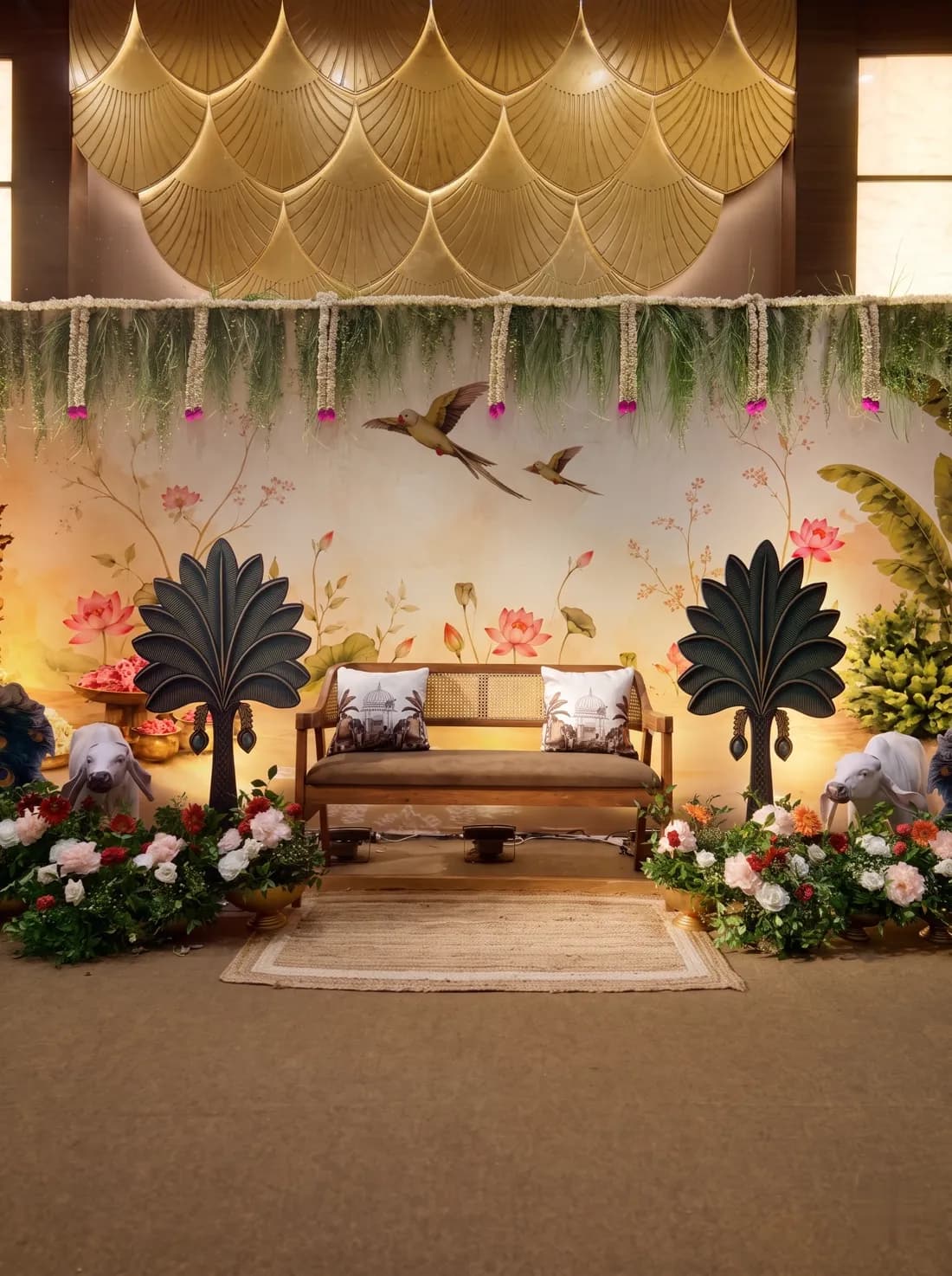 Golden stage with a painted lotus and bird backdrop, a cane sofa and fresh flower arrangements