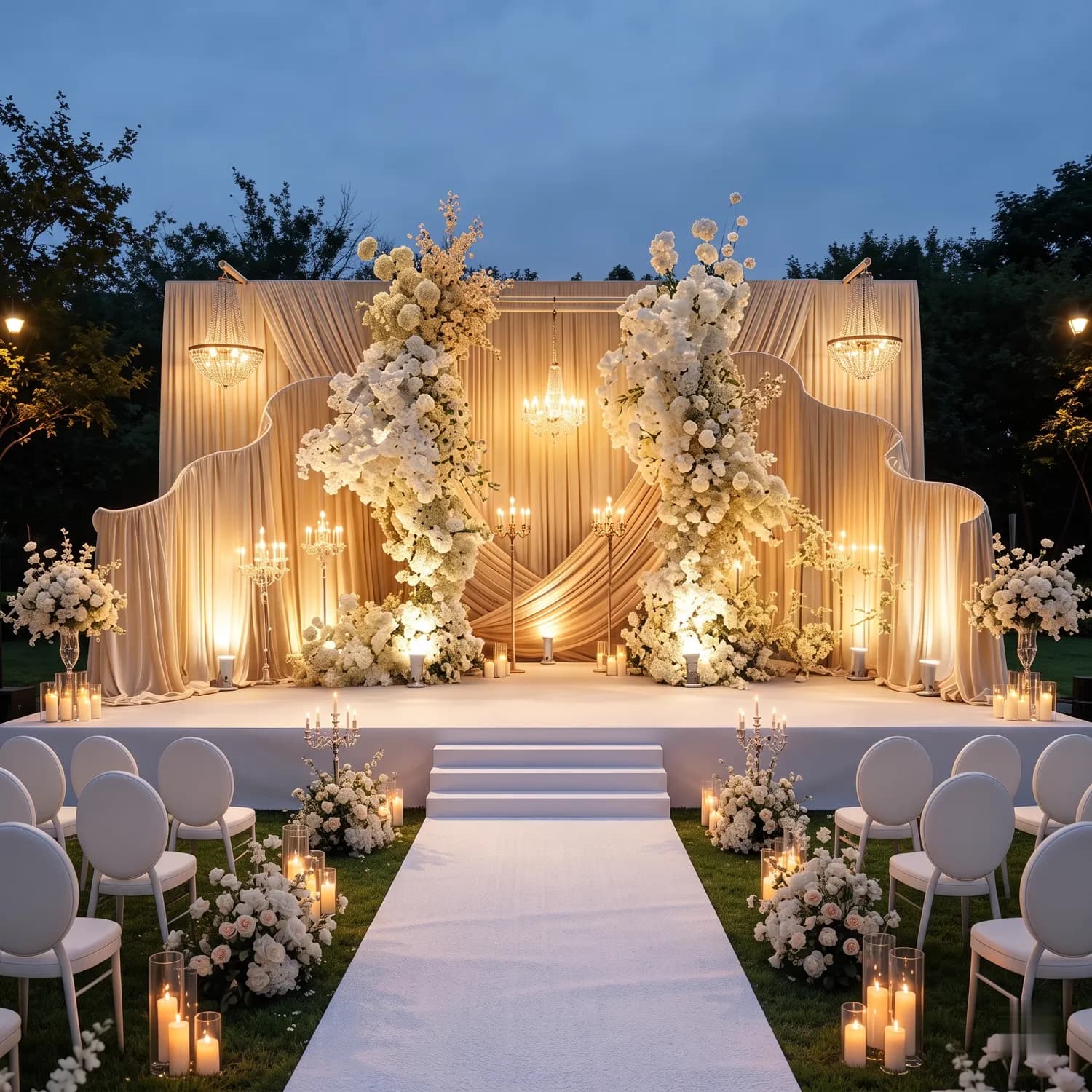 Outdoor wedding stage with champagne drapes, tall white floral columns, chandeliers and a candlelit aisle