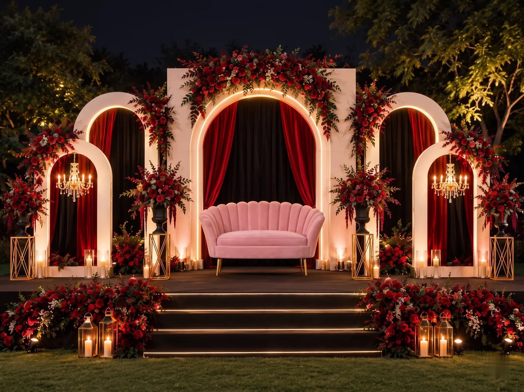 Night stage with white arches, red velvet drapes, red rose arrangements and a pink shell sofa