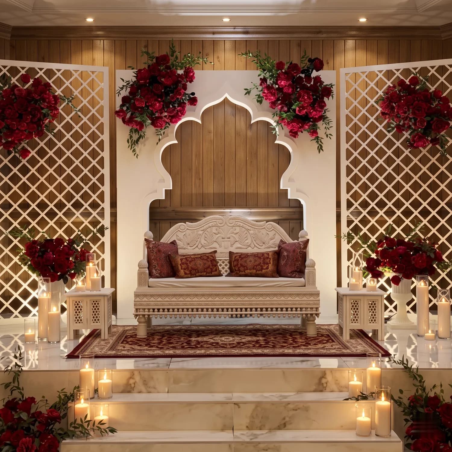 Stage with white lattice screens, an arched backdrop, red roses and a carved settee among candles