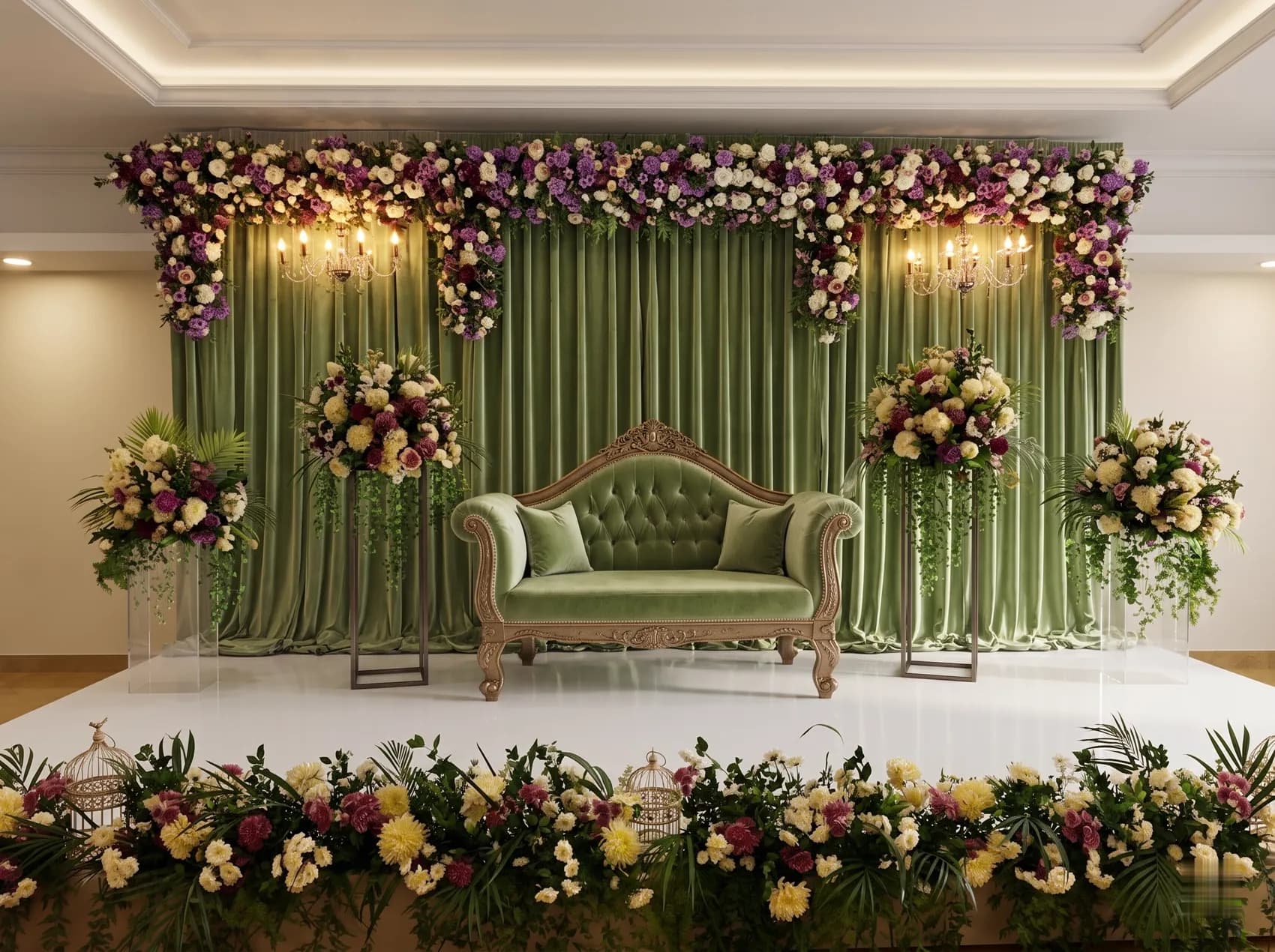 Stage with sage green velvet drapes, a floral header and flower arrangements on stands